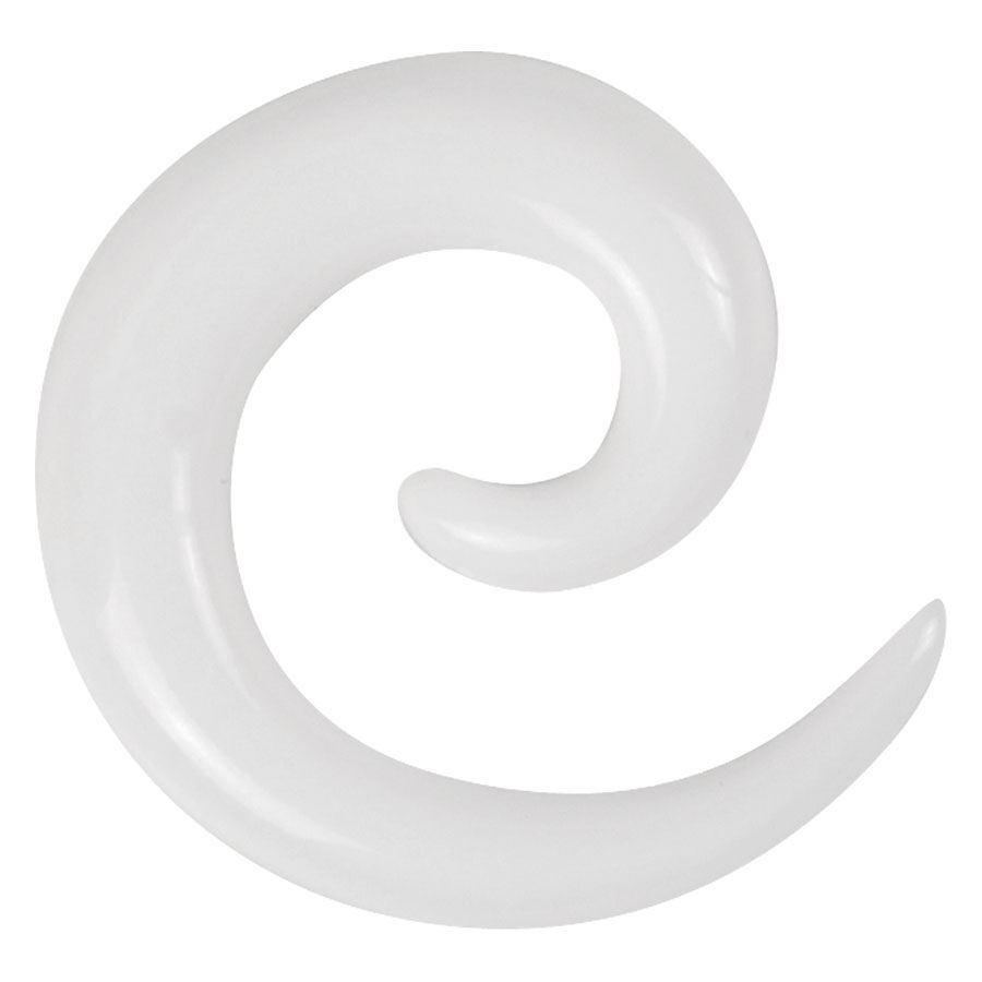 Weiße Acryl Dehnspirale für Ohrpiercings Weiße Acrylspirale in geschwungener Form auf neutralem Hintergrund