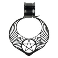 Schwarze Pentagramm-Ohrringe mit Flügeln Schwarze Ohrringe mit Flügel- und Pentagramm-Motiv auf weißem Hintergrund