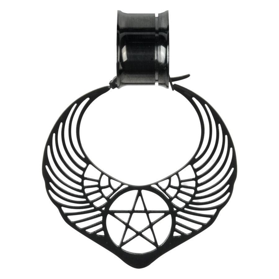 Schwarze Pentagramm-Ohrringe mit Flügeln Schwarze Ohrringe mit Flügel- und Pentagramm-Motiv auf weißem Hintergrund