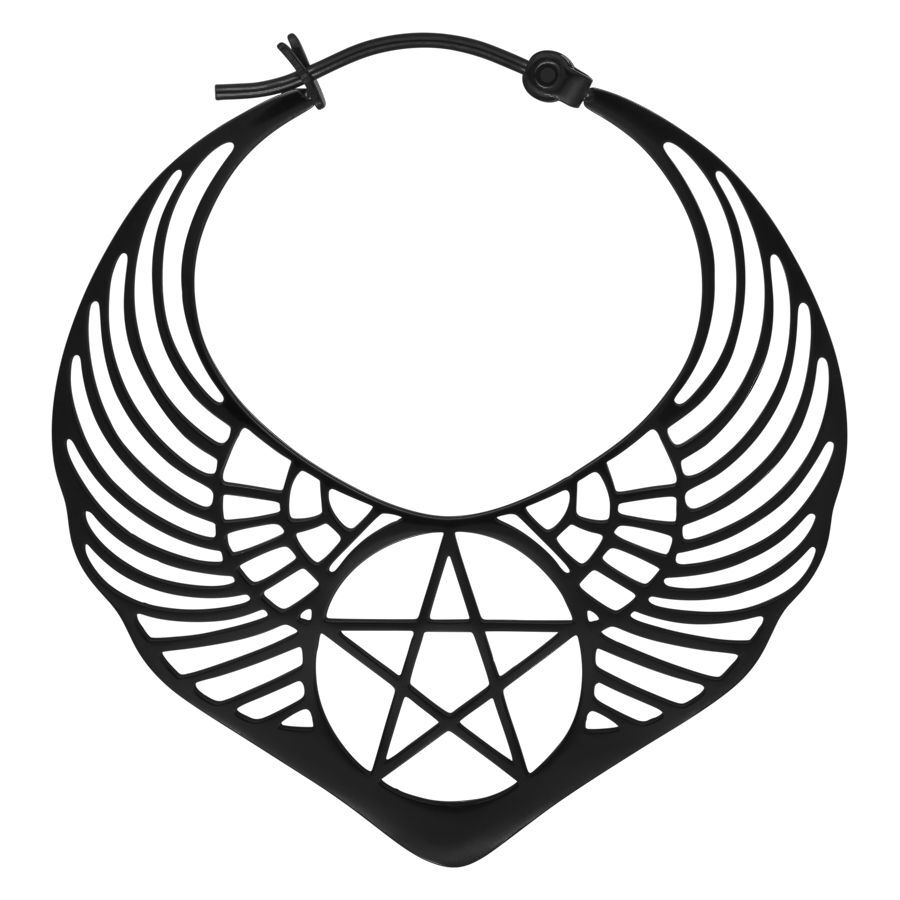Schwarze Winged Pentagram Ohrringe Schwarze Ohrringe mit geflügeltem Pentagramm auf weißem Hintergrund