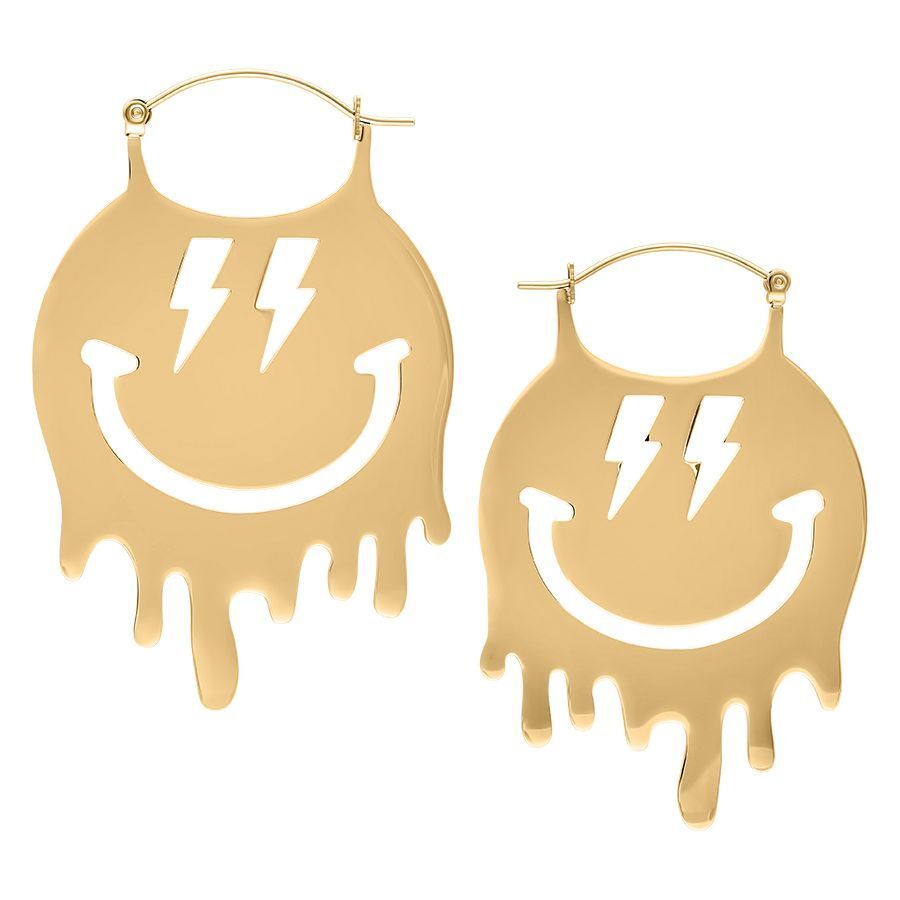 Smiley Big Hoops Goldene Ohrringe Goldene Smiley Big Hoops Ohrringe mit Blitzmuster auf weißem Hintergrund