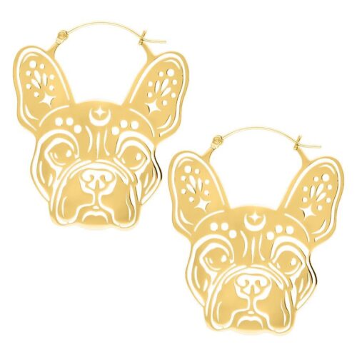 Goldene Bulldog Hoops Ohrringe aus Chirurgenstahl auf weißem Hintergrund