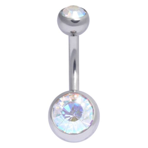 Silbernes Bauchnabelpiercing mit Aurora Boreale Kristallen auf weißem Hintergrund