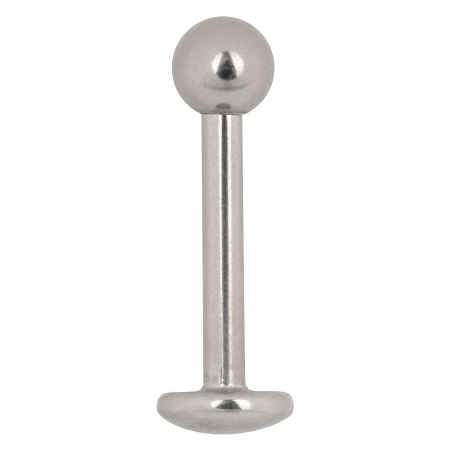 Silberner Titan Labret mit Außengewinde Silberner Titan Labret mit Kugel auf weißem Hintergrund