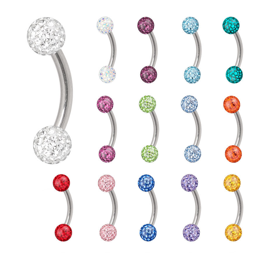 Bunter Titan Micro Bananabell Piercing Verschiedene Titan Micro Bananabells mit bunten Kristallkugeln auf weißem Hintergrund