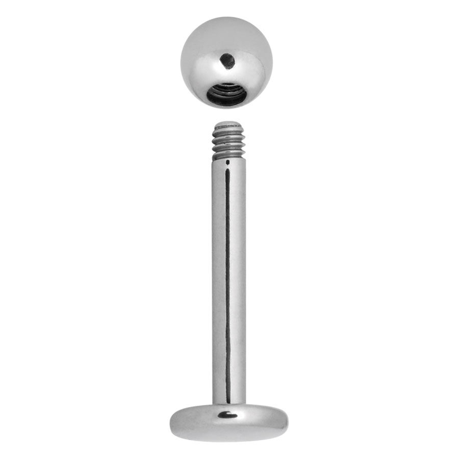 Labret aus Titan mit Außengewinde, Silber Silbernes Labret mit Außengewinde, Kugel und flacher Platte auf weißem Hintergrund