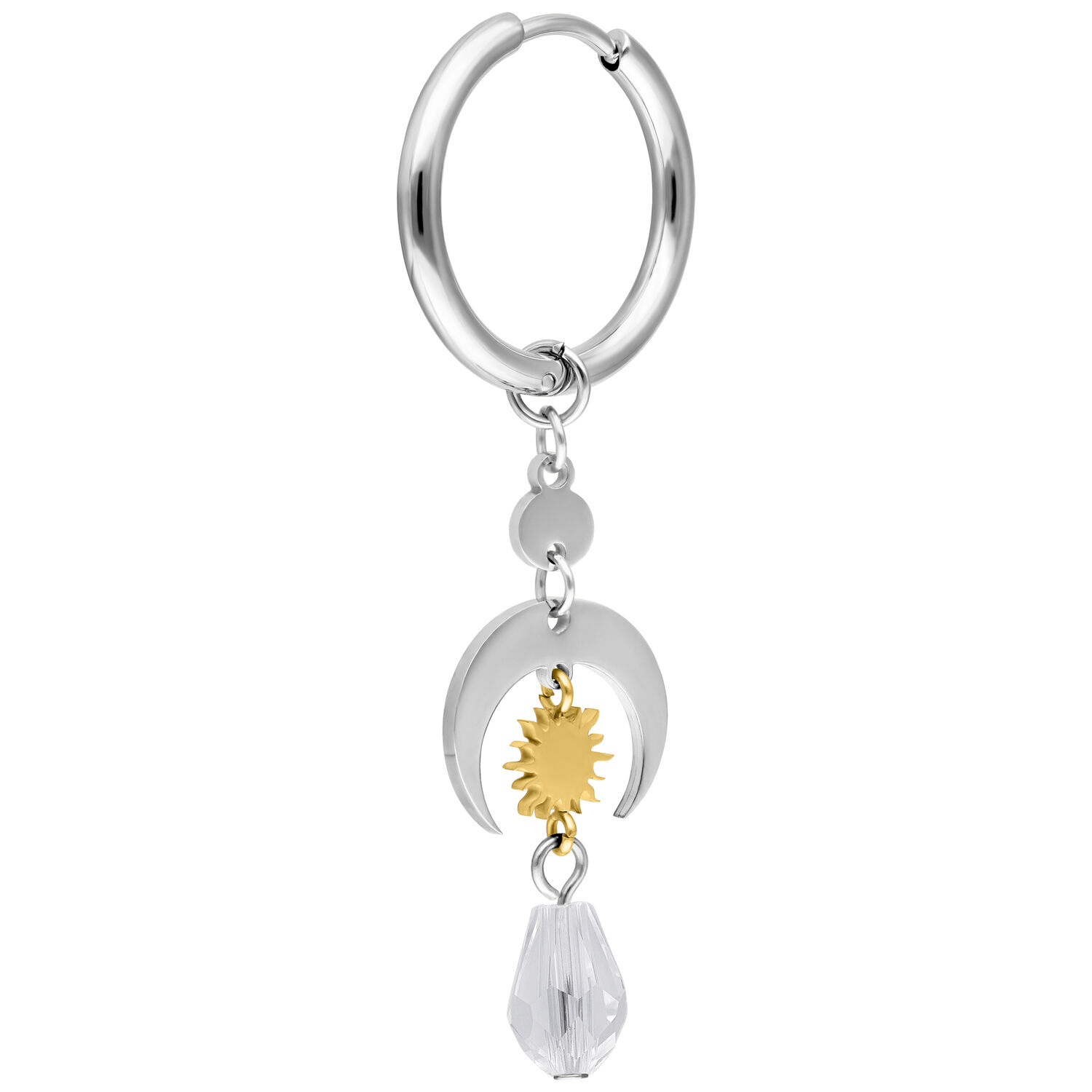 Celestial Light Hoops in Silber und Gold Silberner Ohrring mit goldener Sonne und klarem Kristallanhänger