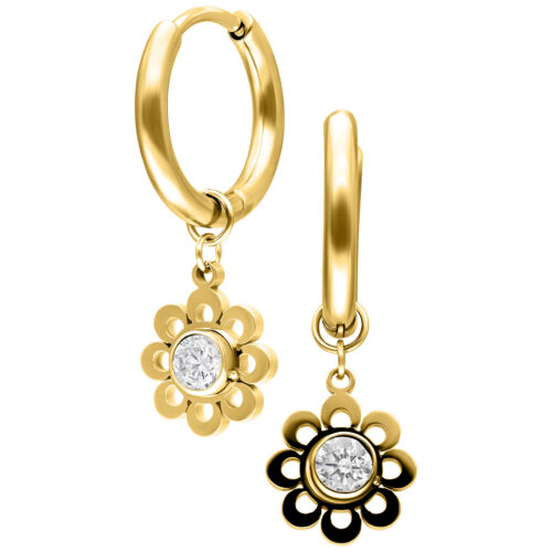 Mini Crystal Flower Hoops Pair - Golden Metal