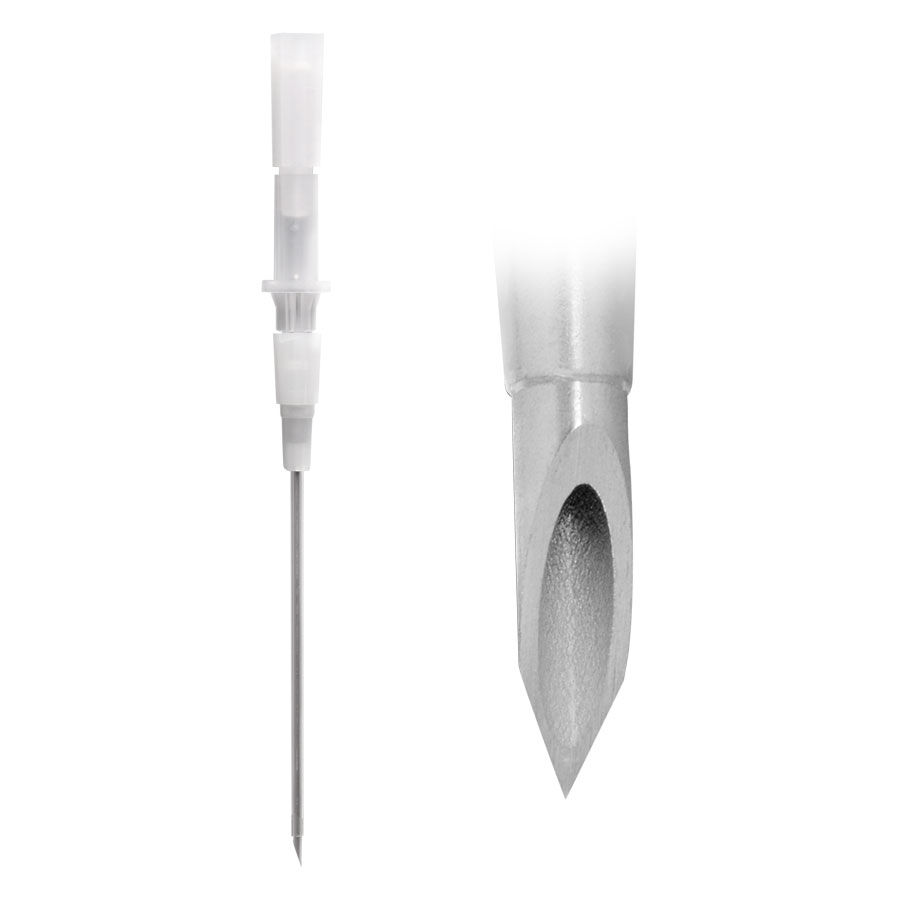 Optiva Piercingnadeln aus Chirurgenstahl Silberne Piercingnadel aus Chirurgenstahl mit spitzer Kante auf weißem Hintergrund
