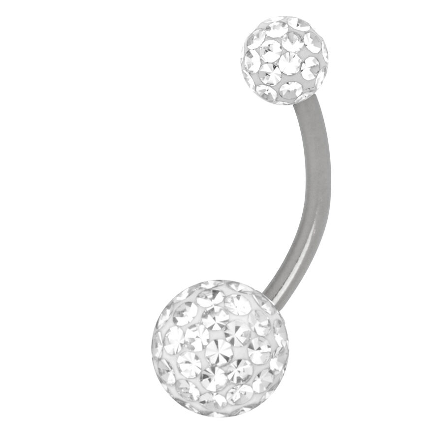 Sealed Multi Jewelled Bananabell aus Titan Silbernes Bananabell-Piercing mit kristallklaren Steinen auf weißem Hintergrund